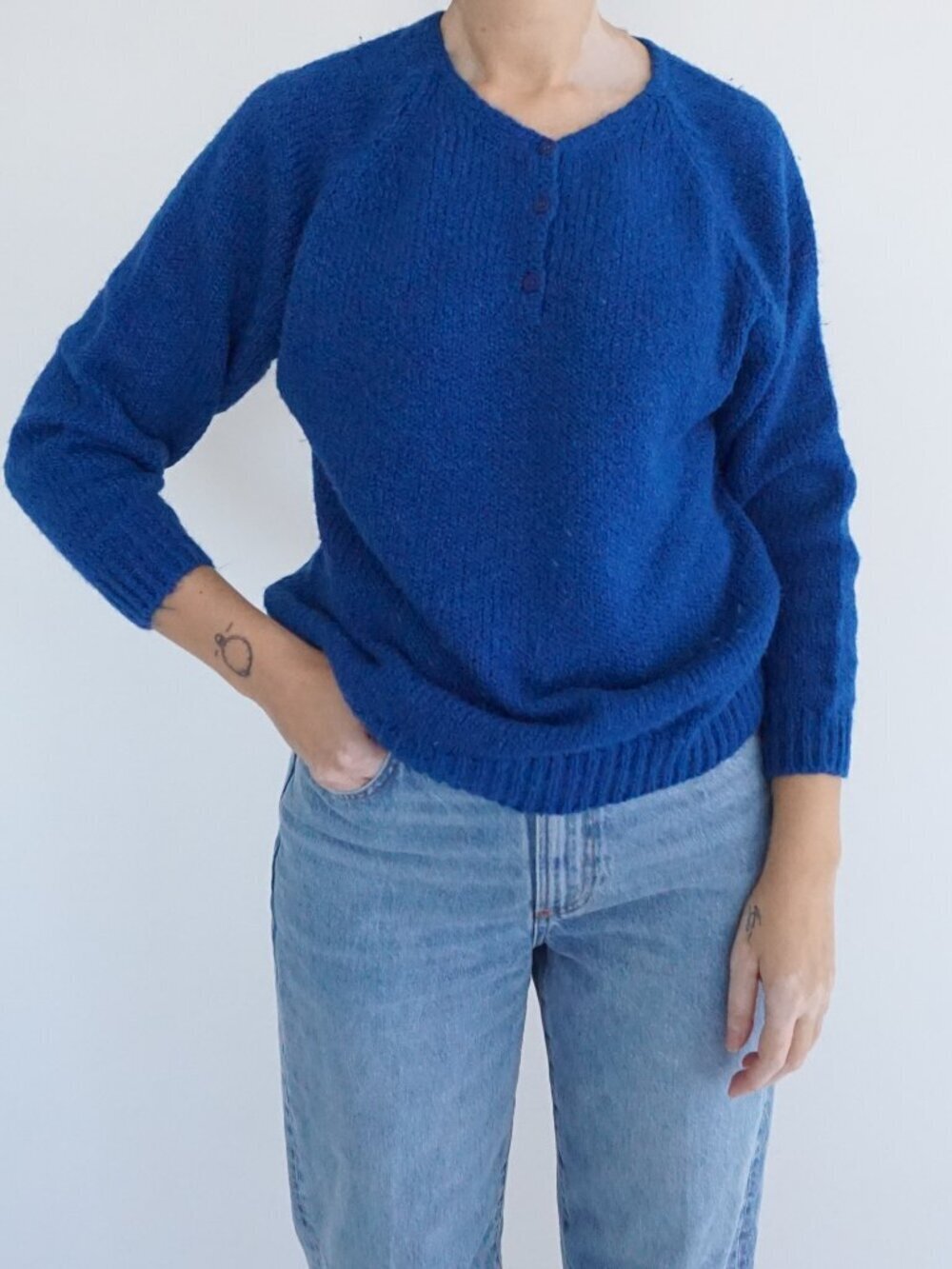 Vintage Easton Park Cobalt Blue Knit Henley Button Textured Grandpa Sweater S